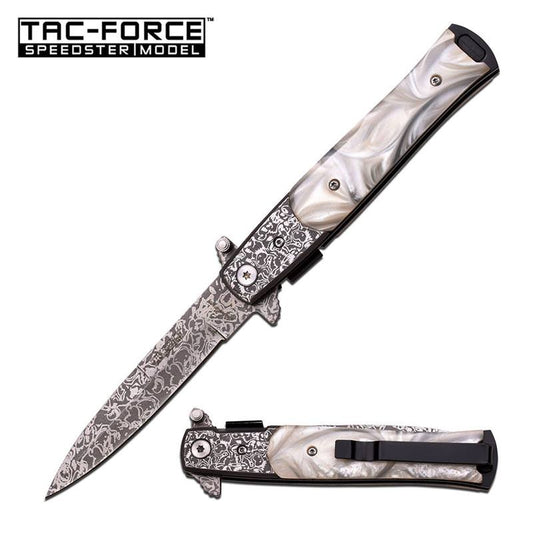 Stiletto Style Spring Action Assisted Folder Knife - White Mother of Pearl