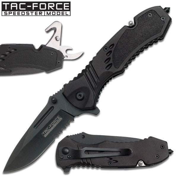 Black Spring Assist Knife Multi Tool With Can Opener, Rope Cutter, Glass Breaker