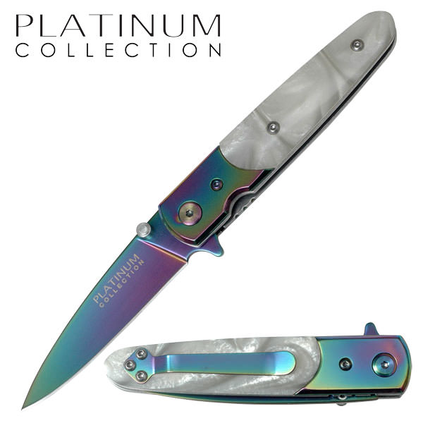 White Pearl Handle Spring Assisted Folding Pocket Knife - Rainbow Blade