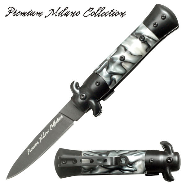 Black Stiletto Style Spring Assist Knife - White Pearl Handle