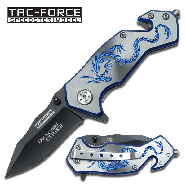 3.5" Mini Silver Blue Dragon Black EDC Spring Assist Knife
