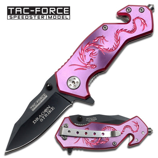 3.5" Tac-Force Mini Black Blade Pink Dragon EDC Spring Assist Knife