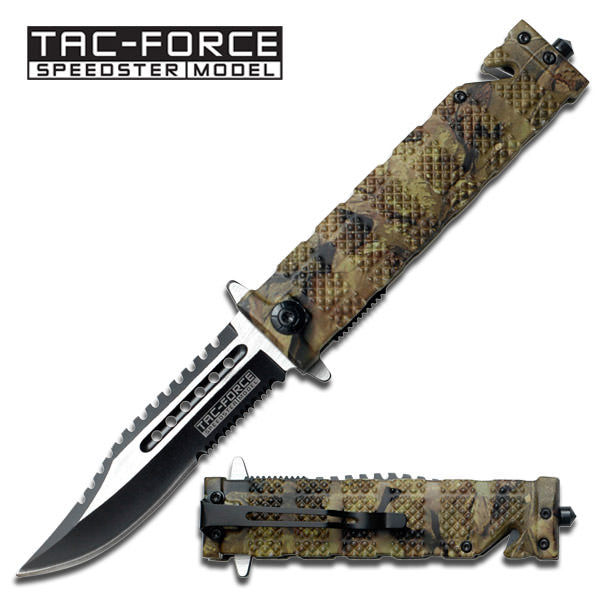 Spring Assisted Folding Knife Forest Camo Serrated Rescue Blade