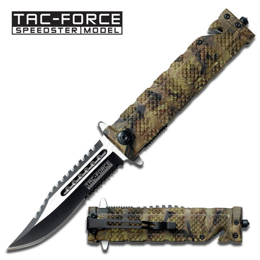Spring Assisted Folding Knife Forest Camo Serrated Rescue Blade