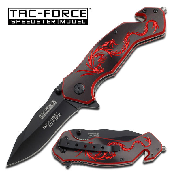 Black and Red Dragon Strike Spring Assisted Rescue Folding Knife