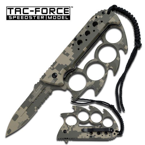 Knuckle Handle Assisted Opening Folder Knife Digital Camo With Lanyard