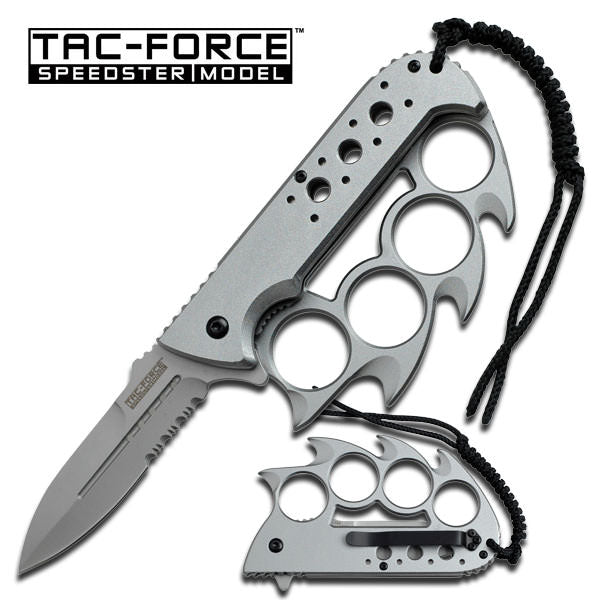 Silver Knuckle Handle Spring Assisted Knife With Lanyard