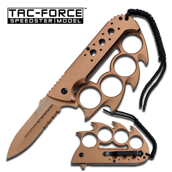 Tan Finish Knuckle Handle Spring Assisted Knife With Lanyard