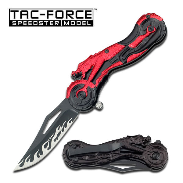Red Dragon On Motorcycle Handle Assisted Opening Knife