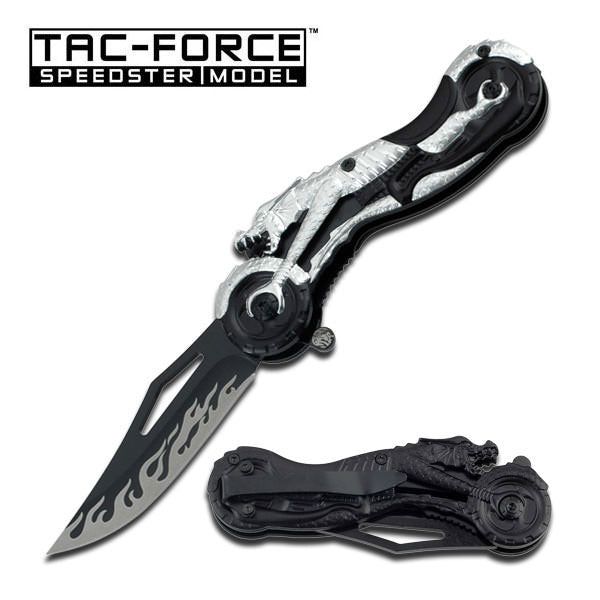 Silver Dragon Motorcycle Handle & Flaming Blade Fantasy Assisted Knife