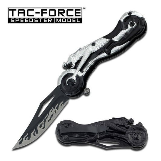 Silver Dragon Motorcycle Handle & Flaming Blade Fantasy Assisted Knife