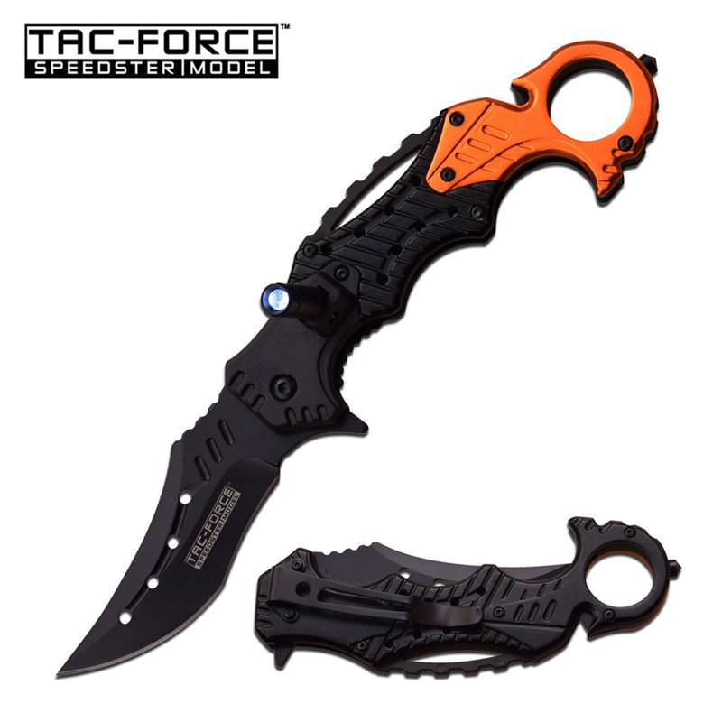 Spring Assisted Opening Folding Pocket Knife Orange Black EMT Rescue LED Light