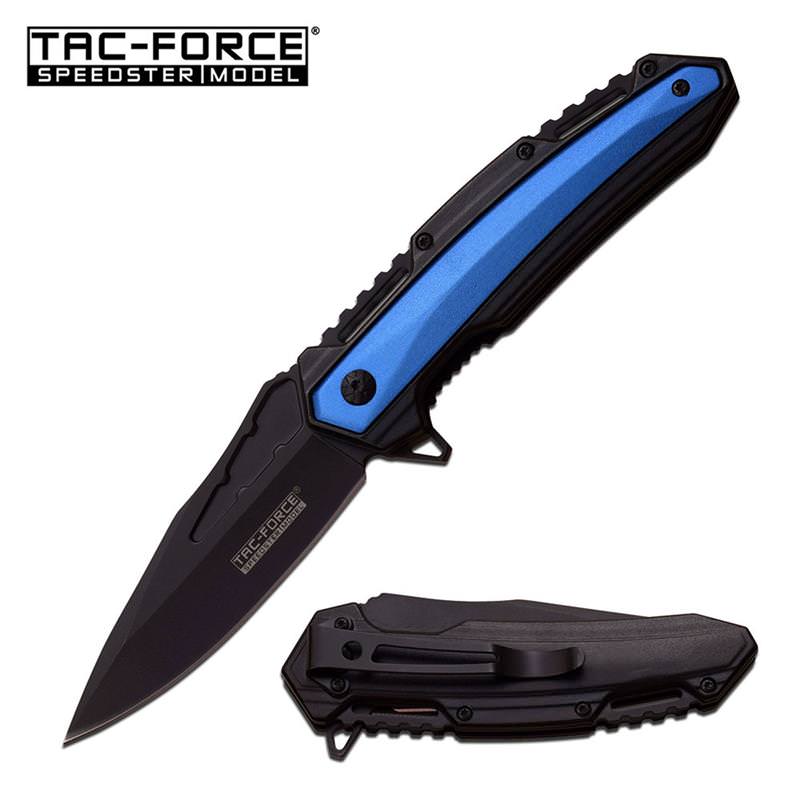 Tac-Force 4.75 Inches Spring Assisted Opening Knife Black Handle with Blue Inlay