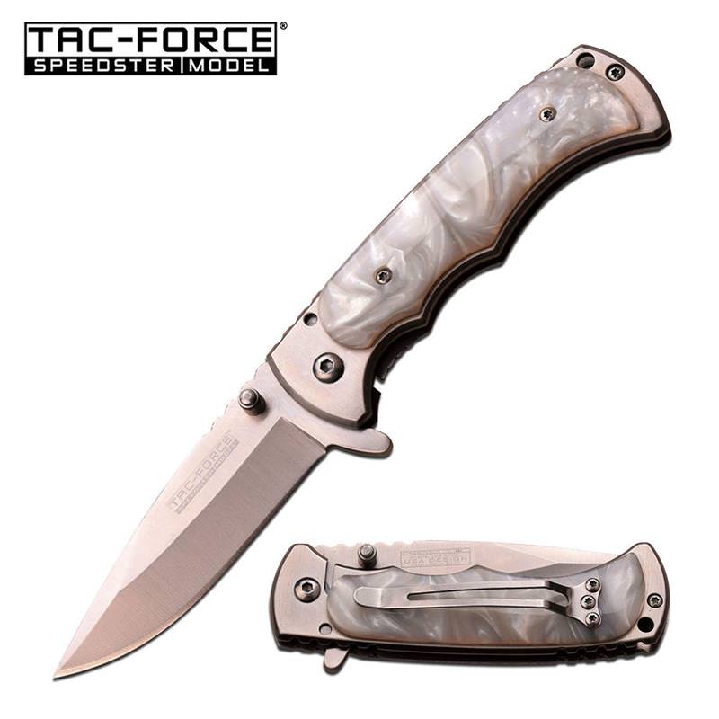 White Pearl Handle Spring Assist Opening Pocket Folding Knife