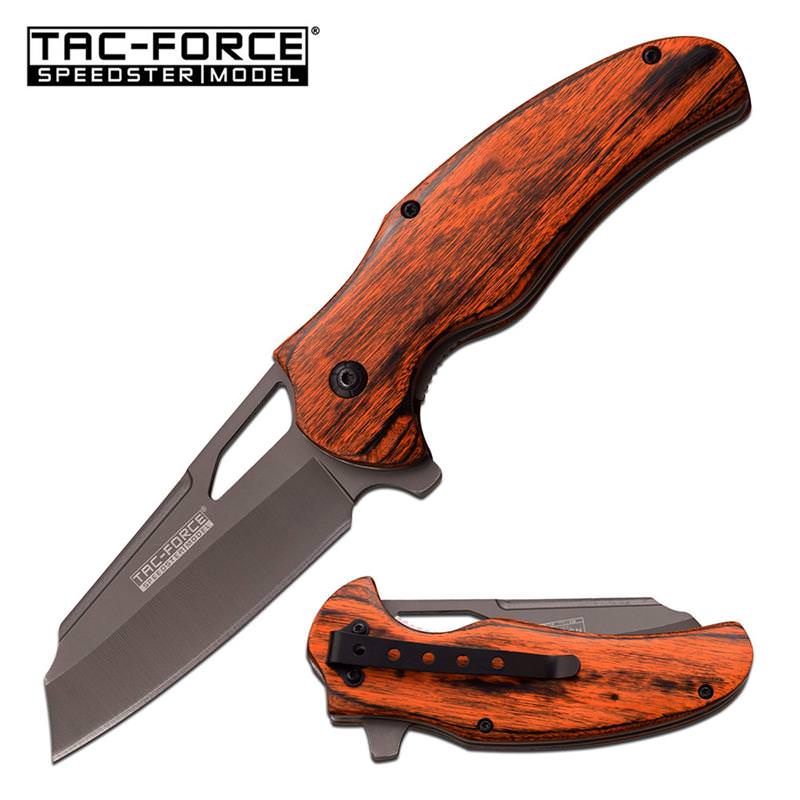 Tac-Force Brown PakkaWood Gray Blade Cleaver Spring Assist Knife