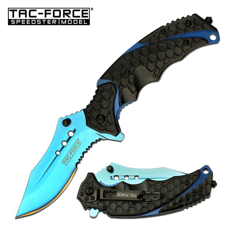 3.75" Blade Blue Serrated Tactical Black Spring Assisted Folding Knife