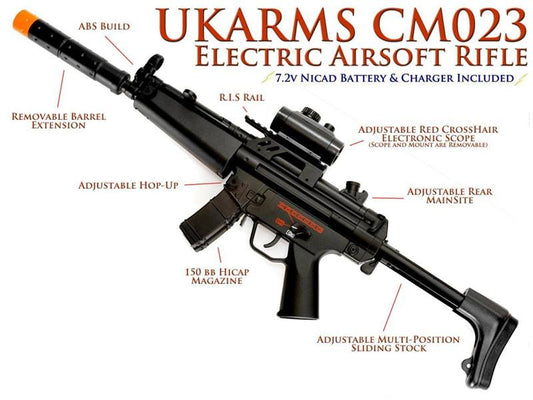 AEG Electric CYMA MP5 Sub Machine Gun FPS-250, Scope, Collapsible Stock, Silencer Airsoft Gun