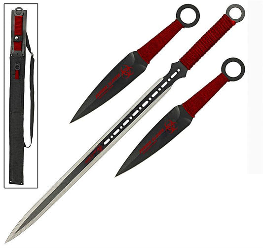 Three Piece Blood Red Ninja Sword Kunai Throwing Knife Set