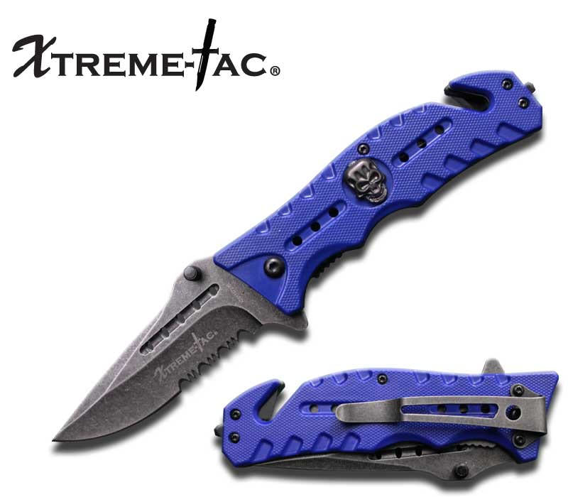 Blue Tactical Rescue Folder Spring Assisted Knife Serrated Blade