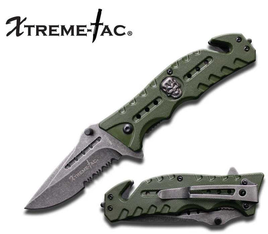 Green Tactical Rescue Folder Spring Assisted Knife Serrated Blade
