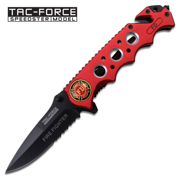 Fire Fighter Red Rescue Handle Spring Assist Folding Pocket Knife