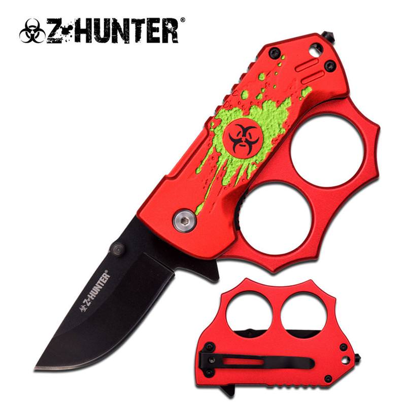 Small Red Zombie Spring Assisted Folding Knife Mini Knuckle Finger Guard