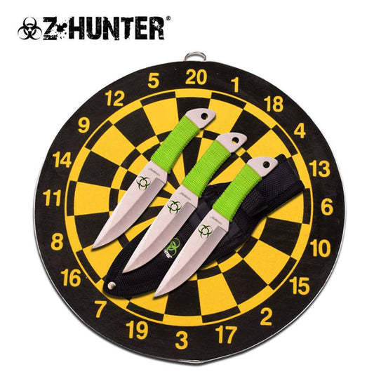 3 Piece Throwing Knife Set with Target Board - Green Cord Wrapped Knives