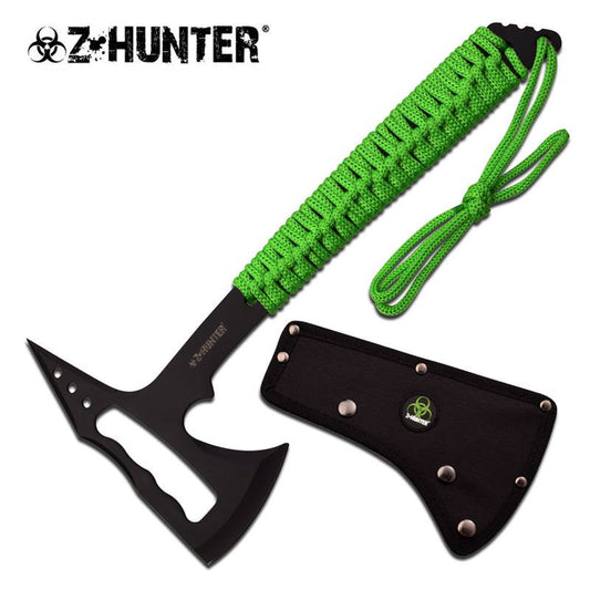 13 3/4" Tactical Axe Black Skeletonized Head Green Cord Wrapped Handle