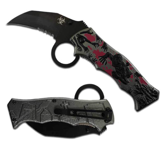 Zombie Killer Finger Hole Spring Assist Knife - Grey/Black Blood Red