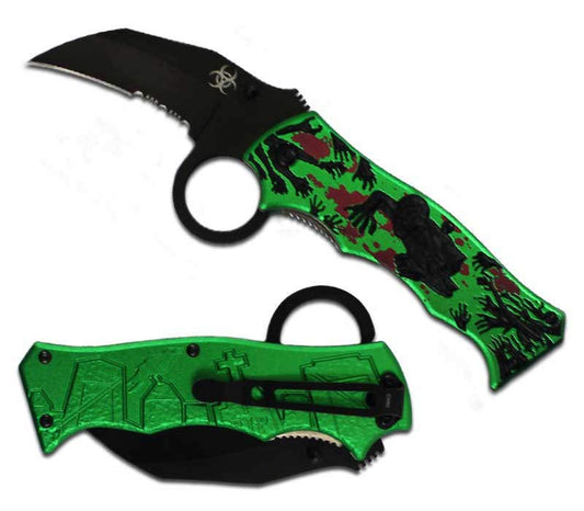 Zombie Killer Finger Hole Spring Assist Knife - Green/Black Blood Red