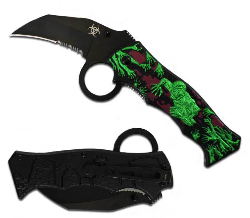 Zombie Killer Finger Hole Spring Assist Knife - Black/Green Blood Red