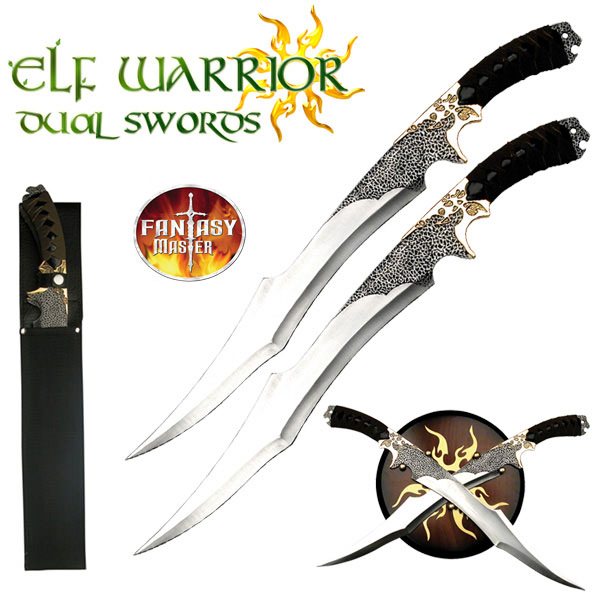 Elf Warrior Dual Swords With Wall Display Plaque and Sheath