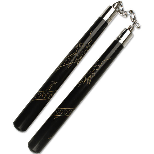 12" Black-Carved Dragon Design Wood Nunchaku